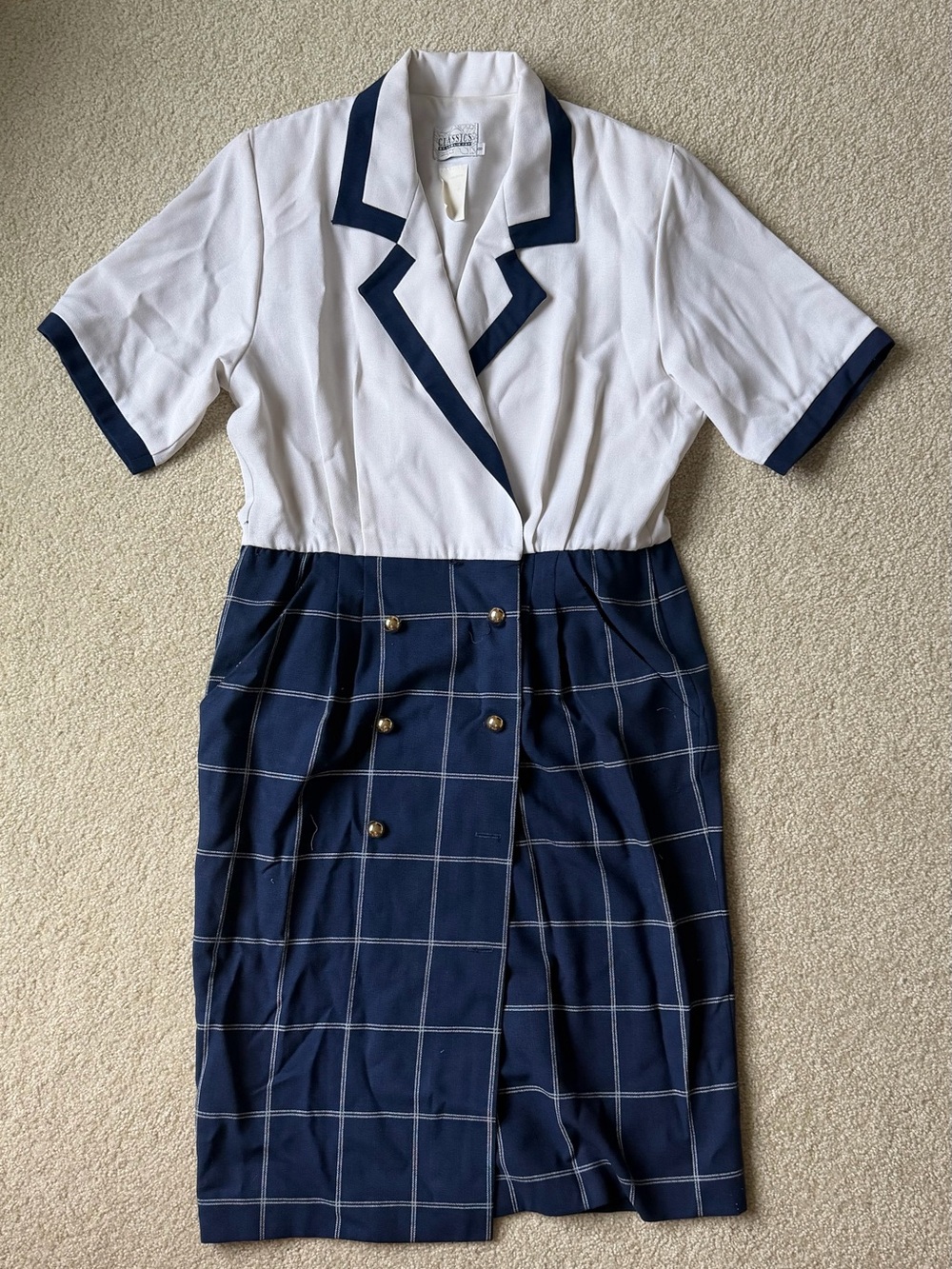 Leslie Fay Women’s Two Tone White and Blue Plaid Dress w/ gold buttons Size 8